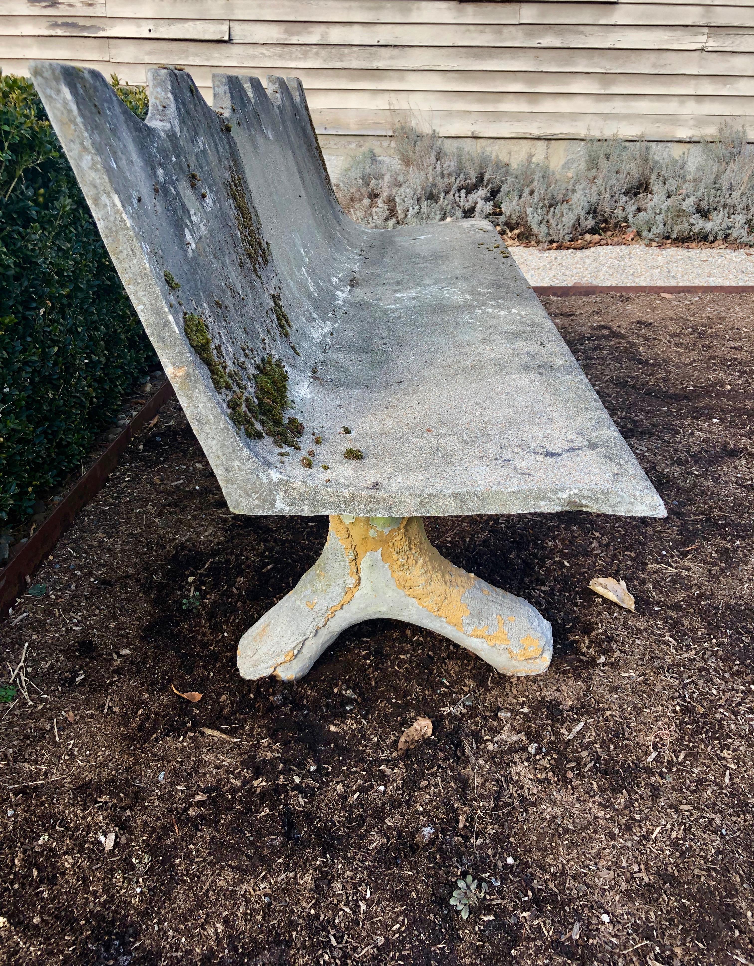 Hand-Crafted French Scalloped Concrete Bench with Faux Bois Legs