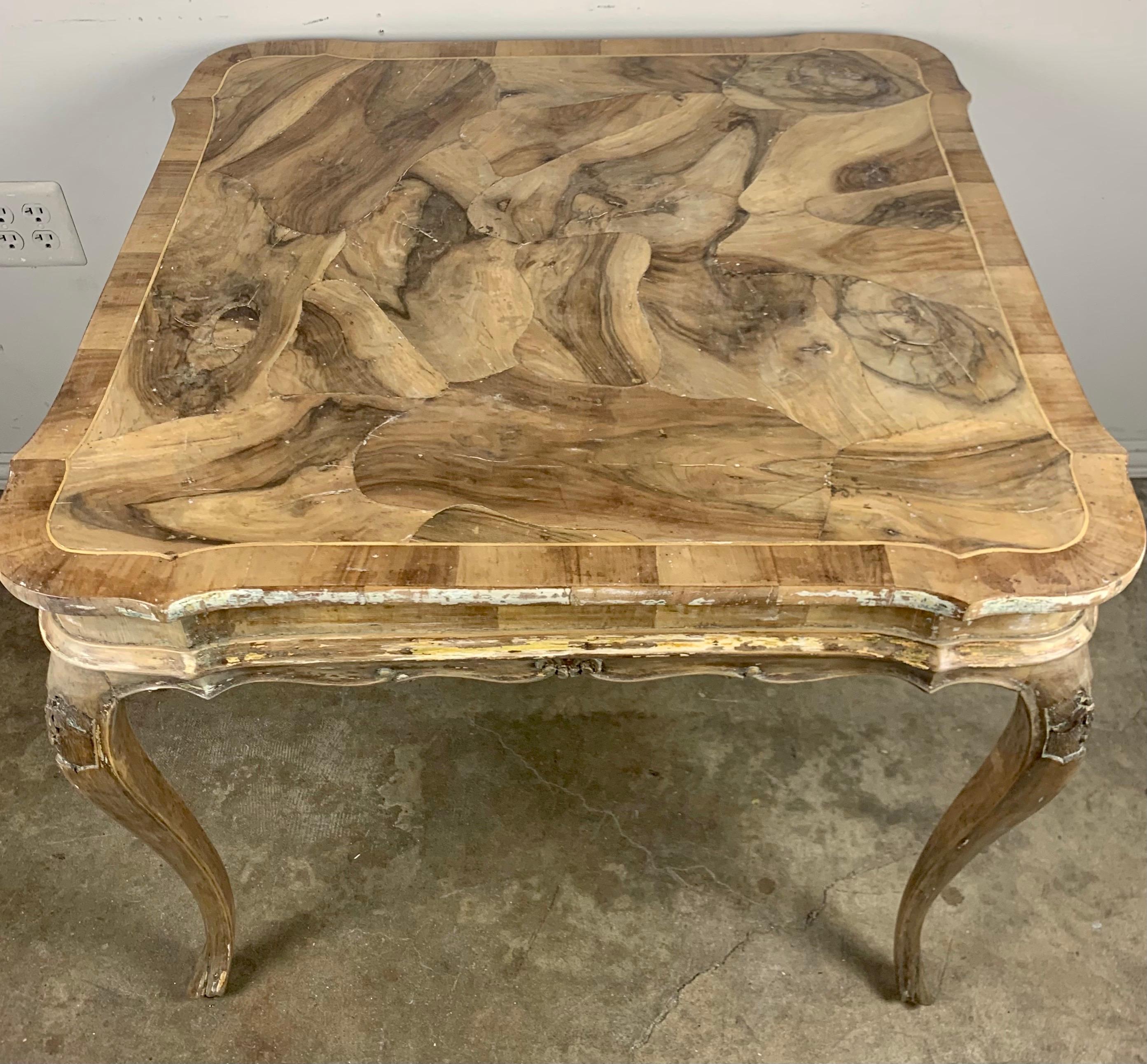 French Scalloped Game Table with Walnut Oyster Veneered Top In Distressed Condition In Los Angeles, CA