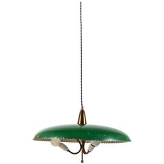 French Scalloped Green Enamel Metal Pendant with Three Sockets