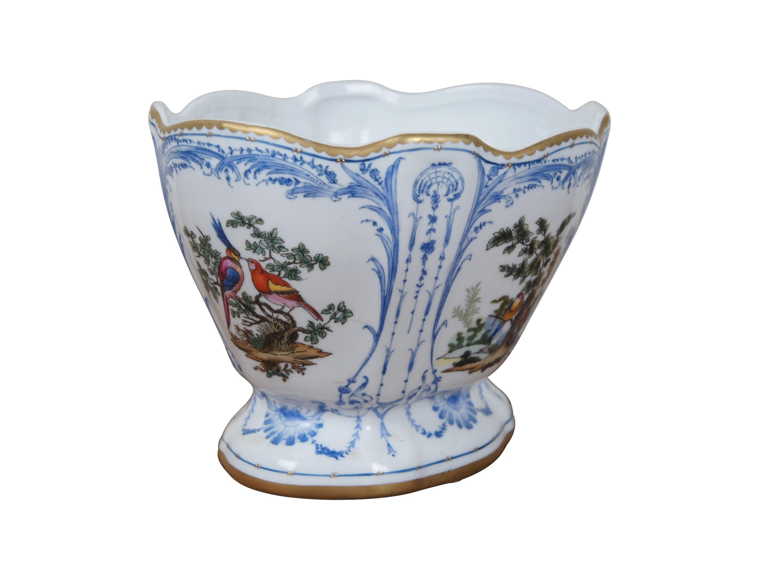 French Provincial French Scalloped Porcelain Floral Faience Birds Jardiniere Planter Cachepot 8