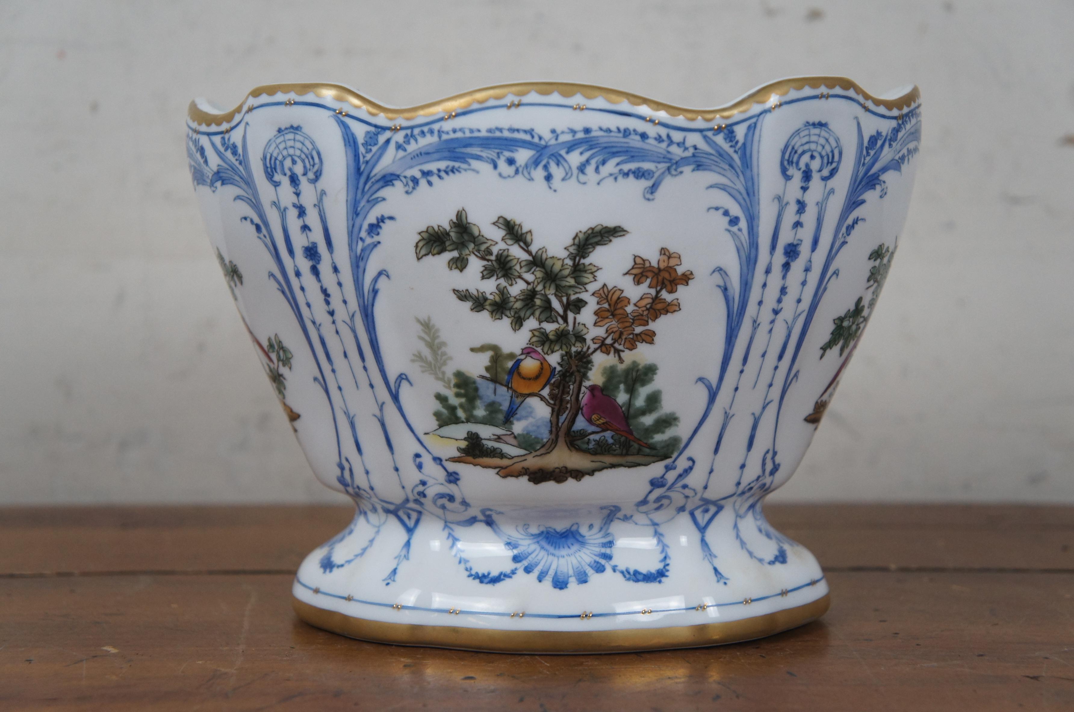 20th Century French Scalloped Porcelain Floral Faience Birds Jardiniere Planter Cachepot 8