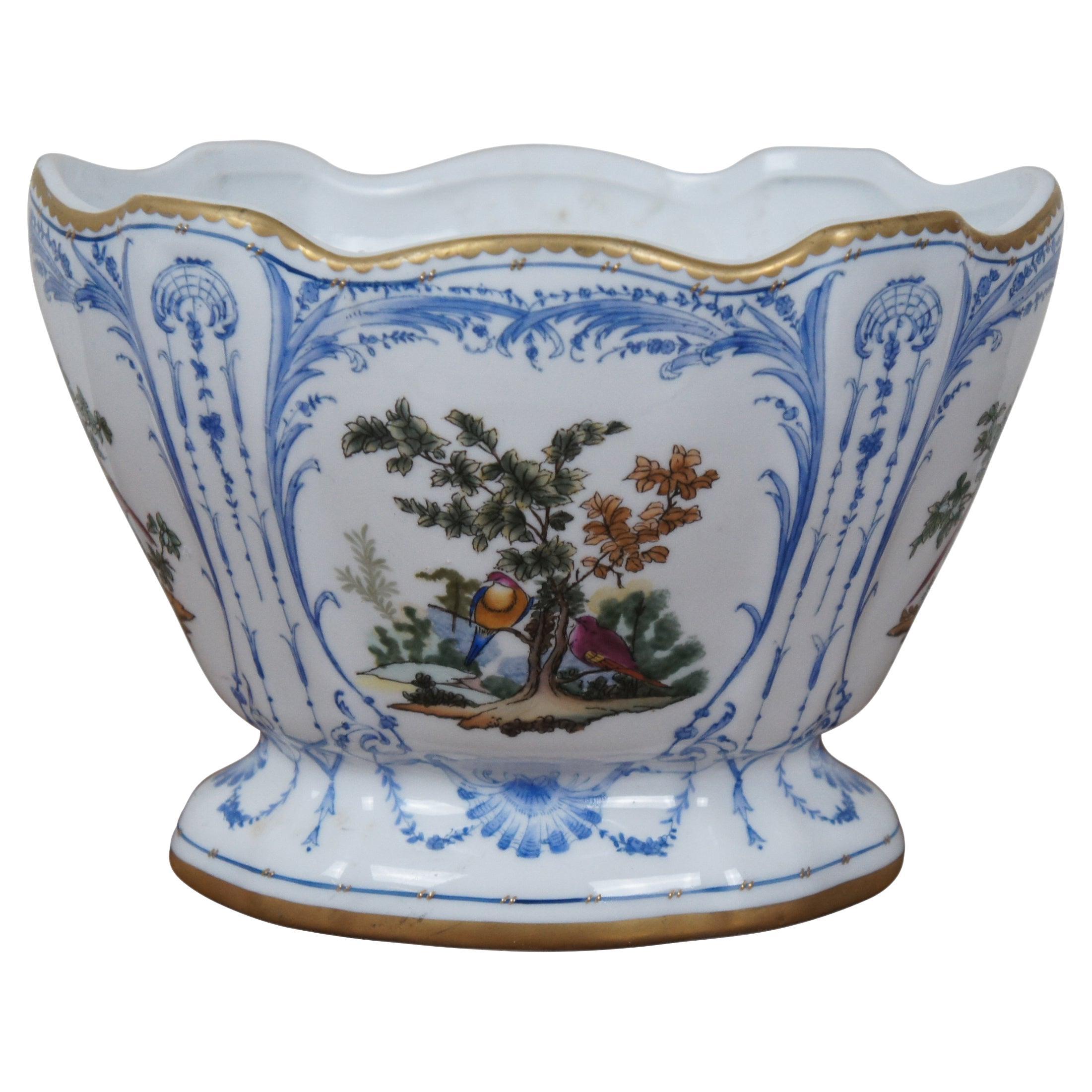 French Scalloped Porcelain Floral Faience Birds Jardiniere Planter Cachepot 8" For Sale
