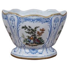 Vintage French Scalloped Porcelain Floral Faience Birds Jardiniere Planter Cachepot 8"