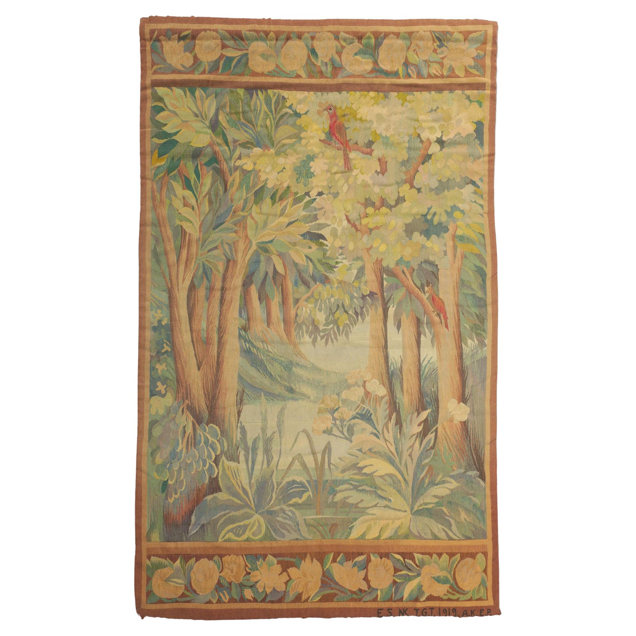 French Scandinavian Antique Verdure Tapestry, Signed NK for Nordiska Kompaniet