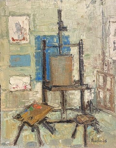 MID 20TH CENTURY FRENCH MODERNIST OIL - THE ARTISTS STUDIO WITH WOODEN EASEL