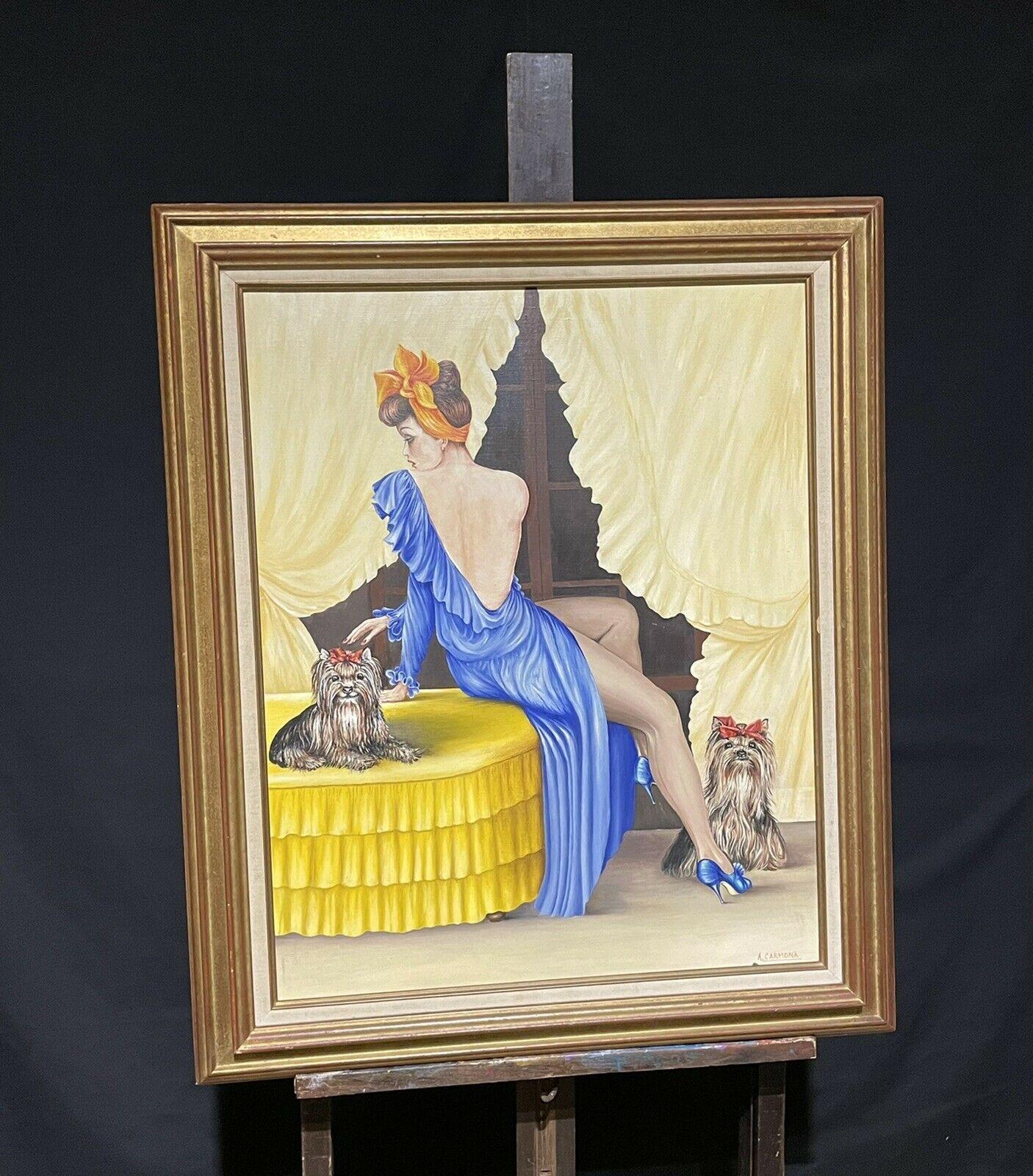 LARGE 20TH CENTURY FRENCH SIGNED OIL - ELEGANT MODEL WITH DOGS IN INTERIOR - Painting by Unknown