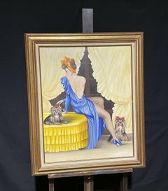 LARGE 20TH CENTURY FRENCH SIGNED OIL - ELEGANT MODEL WITH DOGS IN INTERIOR