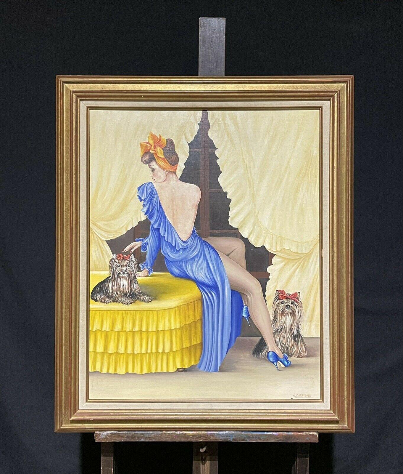 LARGE 20TH CENTURY FRENCH SIGNED OIL - ELEGANT MODEL WITH DOGS IN INTERIOR - Pop Art Painting by Unknown