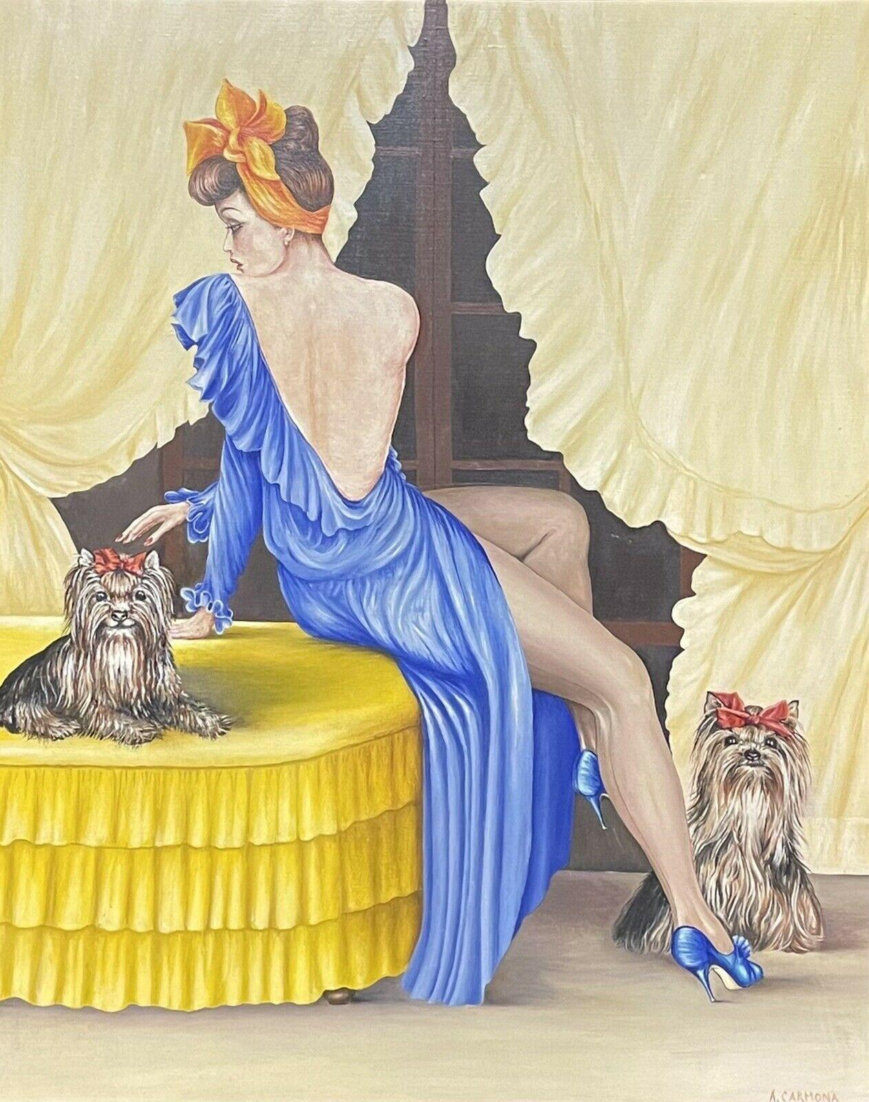 Unknown Figurative Painting - LARGE 20TH CENTURY FRENCH SIGNED OIL - ELEGANT MODEL WITH DOGS IN INTERIOR