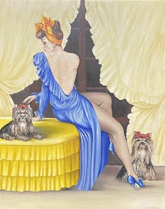 LARGE 20TH CENTURY FRENCH SIGNED OIL - ELEGANT MODEL WITH DOGS IN INTERIOR