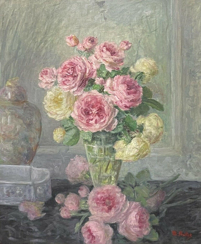LARGE VINTAGE FRENCH IMPRESSIONIST SIGNED STILL LIFE PINK YELLOW ROSES - FRAMED - Painting by French School