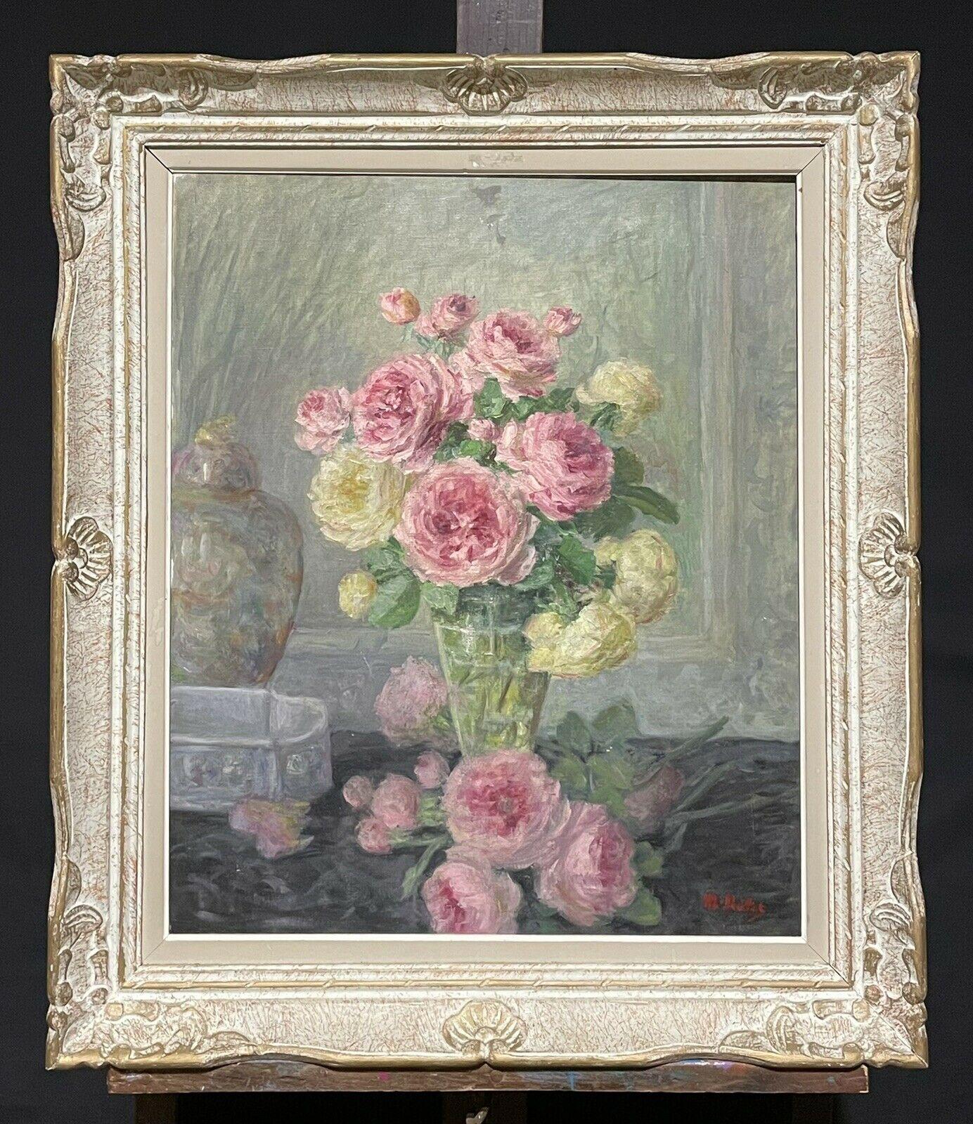 Artist/ School/ Date:
French School, early 20th century, signed

Title:
Still Life of flowers within an interior setting.

Medium & Size:
oil painting on canvas: 25.5 x 21.25 inches, frame: 32 x 27.5 inches

Condition:
the painting is very sound and