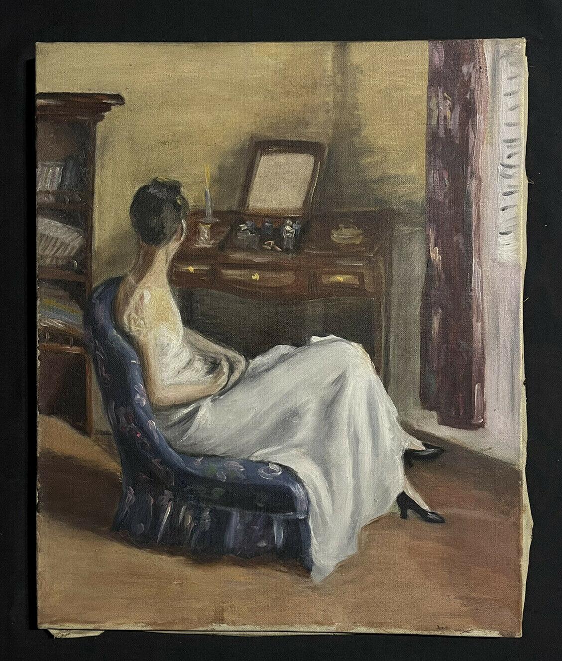 1930's Interior Boudoir Scene Lady seated at Dressing Table French Oil - Painting by Unknown