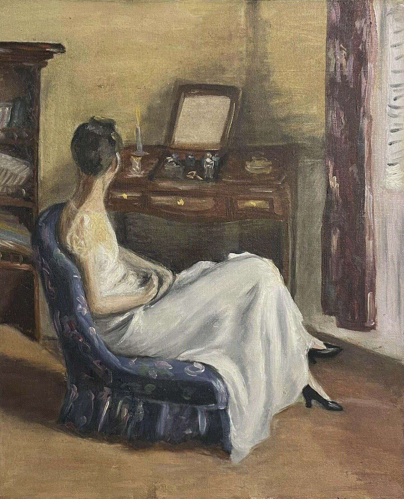 Unknown Interior Painting - 1930's Interior Boudoir Scene Lady seated at Dressing Table French Oil