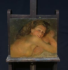 1950's Óleo francés firmado Retrato de una dama desnuda Iluminación suave