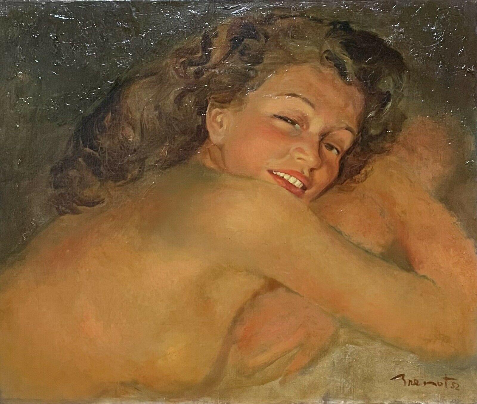 1950's French Signed Oil Portrait of a Nude Lady Soft Lighting
