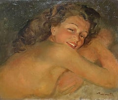 1950's French Signed Oil Portrait of a Nude Lady Soft Lighting