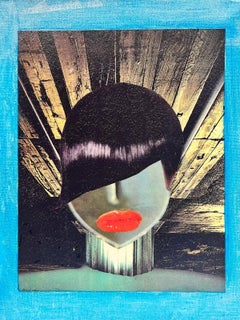 1980's French Abstract Original Artwork Collage Painting Portrait Womens Face