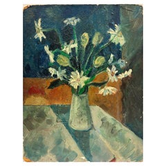 1050
s French Vintage Oil Painting Still Life Flowers in Vase Blue Green Colors