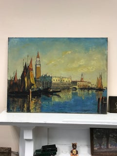 1900's French Impressionist Oil Doges Palace Piazza San Marco Venice Sunlight