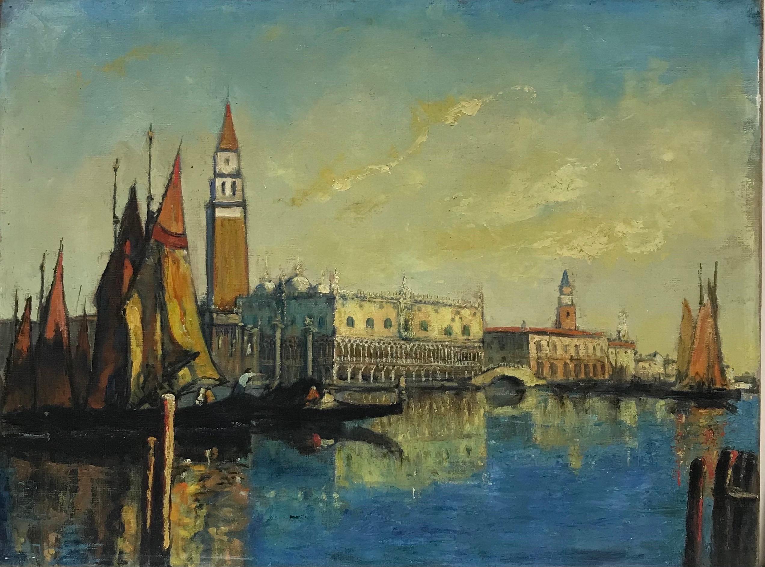French School Landscape Painting - 1900's French Impressionist Oil Doges Palace Piazza San Marco Venice Sunlight