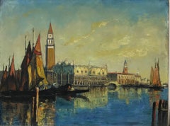 1900's French Impressionist Oil Doges Palace Piazza San Marco Venice Sunlight