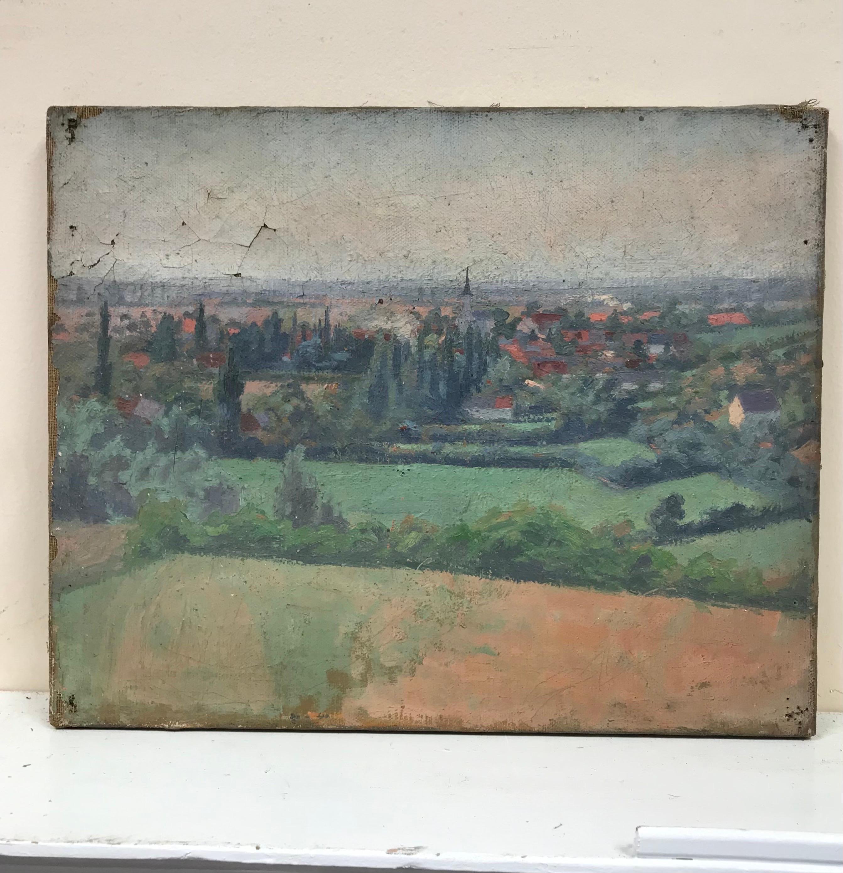 1900's French Impressionist Oil - Panoramic Rooftop View over Village Houses - Painting by French School