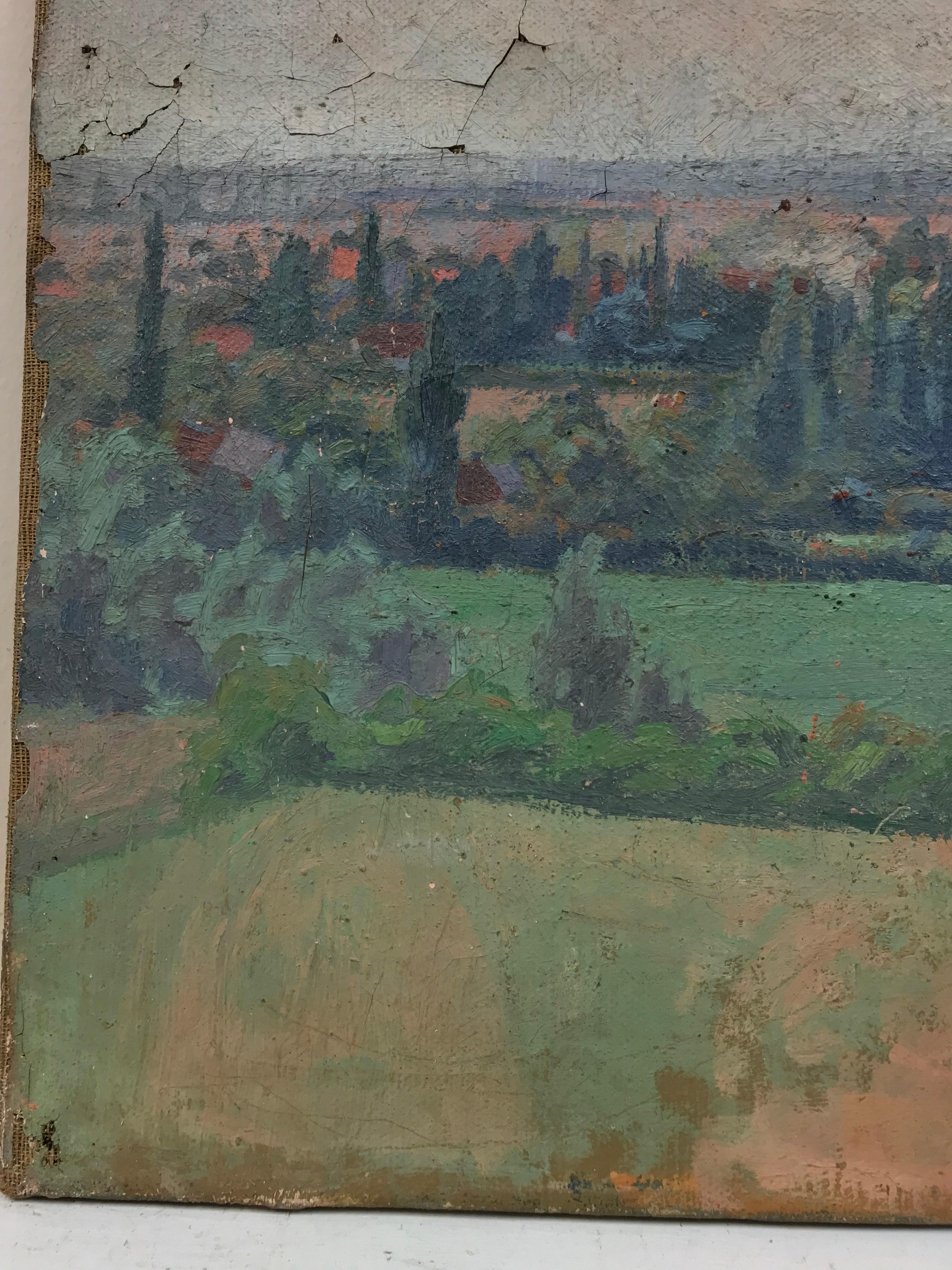 1900's French Impressionist Oil - Panoramic Rooftop View over Village Houses - French School Painting by French School