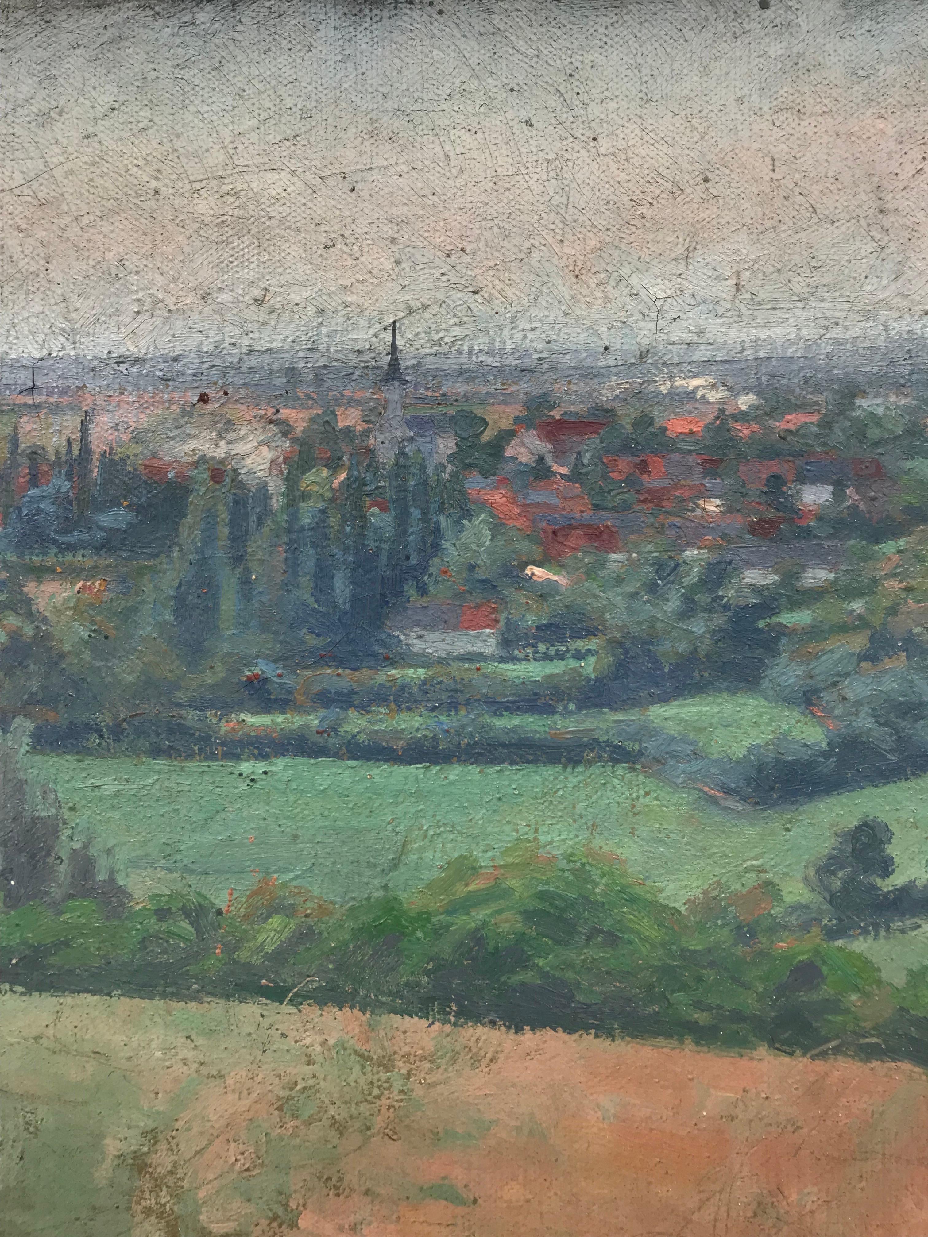 1900's French Impressionist Oil - Panoramic Rooftop View over Village Houses - Gray Landscape Painting by French School