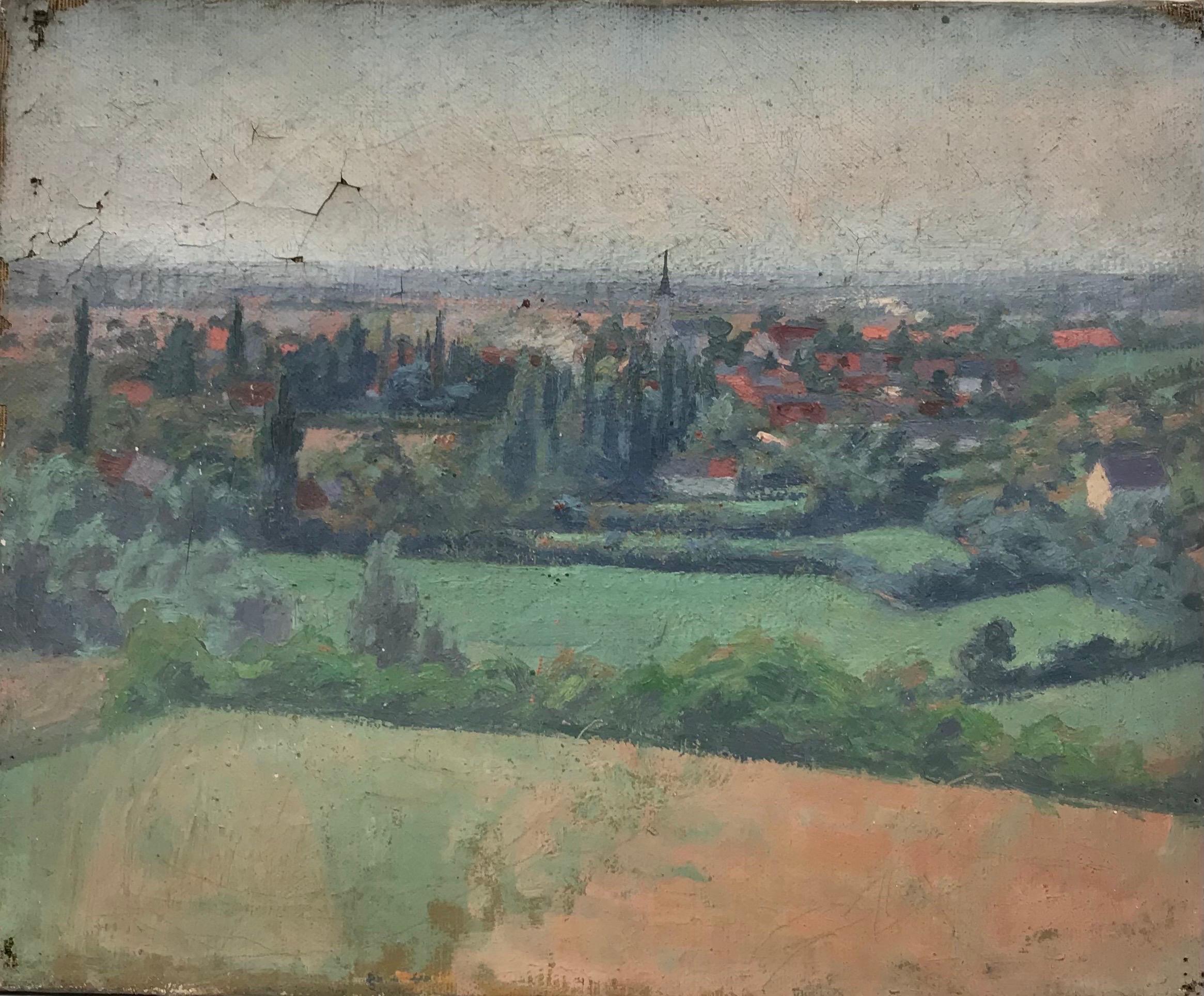 French School Landscape Painting - 1900's French Impressionist Oil - Panoramic Rooftop View over Village Houses