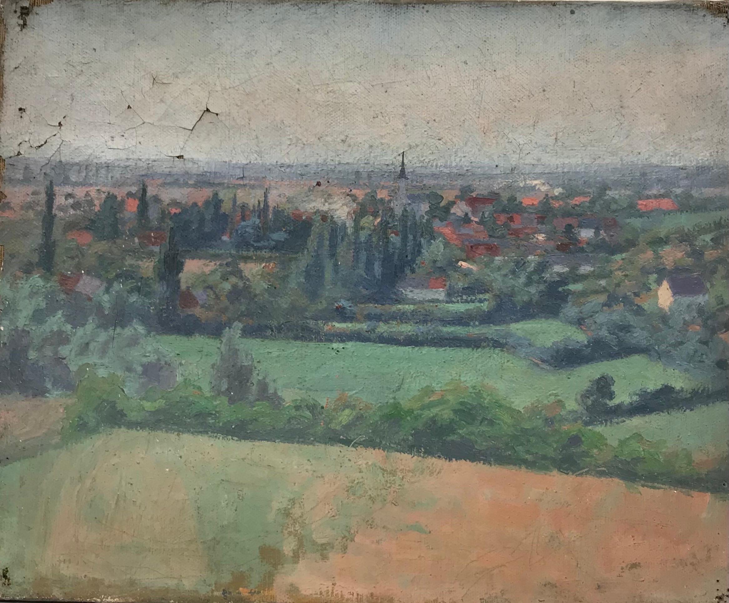 Landscape Painting de French School - Óleo impresionista francés de 1900 - Vista panorámica desde el tejado sobre casas de pueblo