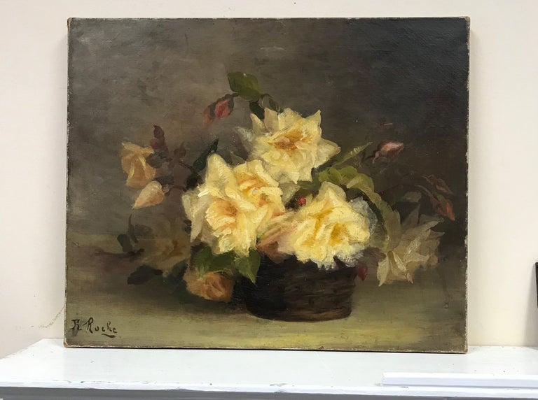 1900's French Impressionist Signed Oil Yellow Roses in Wicker Basket - Painting by French School