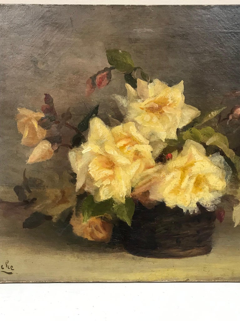 Artist/ School: French School, early 1900's

Title:  Freshly cut roses in a wicker basket. The colors stand out even more due to the grey tones of the background creating a wonderful effect. Painted with tremendous 'Impressionist' brushwork.