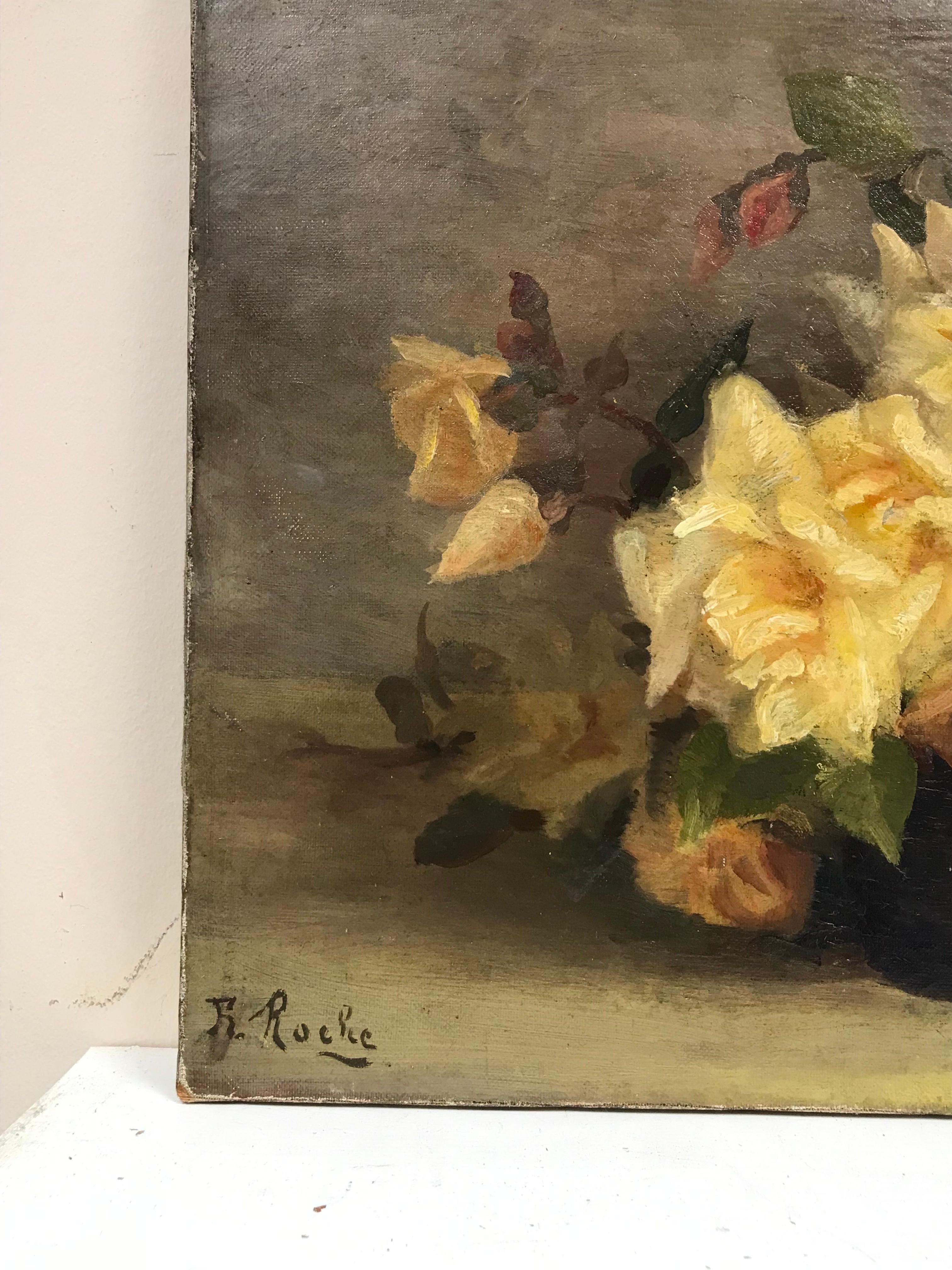 1900's French Impressionist Signed Oil Yellow Roses in Wicker Basket - Black Still-Life Painting by French School