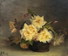 Antique 1900's French Impressionist Signed Oil Yellow Roses in Wicker Basket