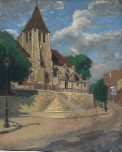 Antique 1930's French Impressionist Oil Painting Village Church Sunny Landscape
