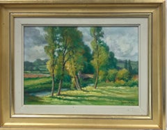 1940's French Impressionist Signed Oil Lush Green River Landscape