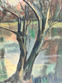 1950's French Modernist Oil Painting Bare Trees by Lake Moody Atmospheric Colors