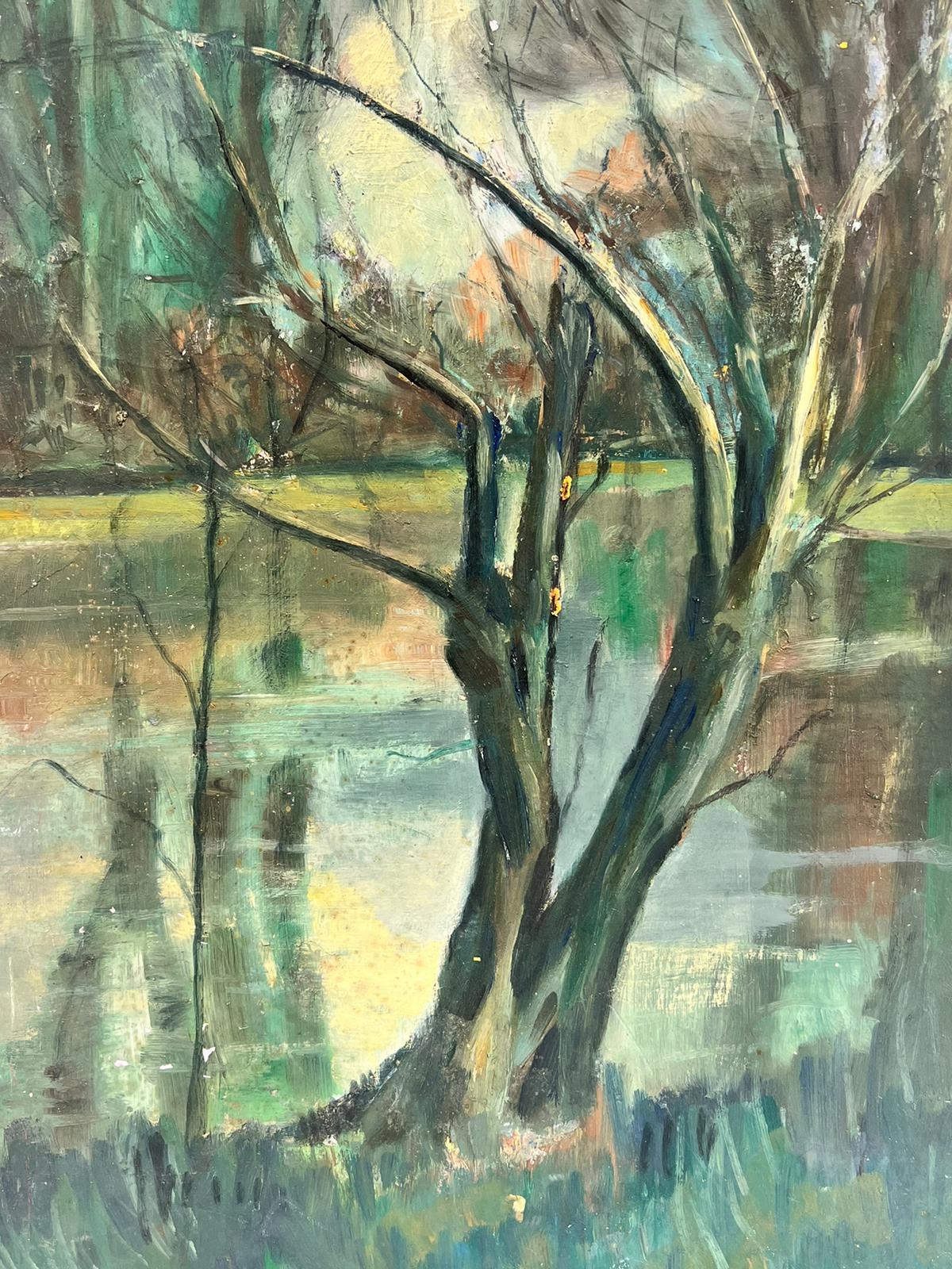 1950's French Modernist Oil Painting Bare Trees by Lake Moody Atmospheric Colors For Sale 1