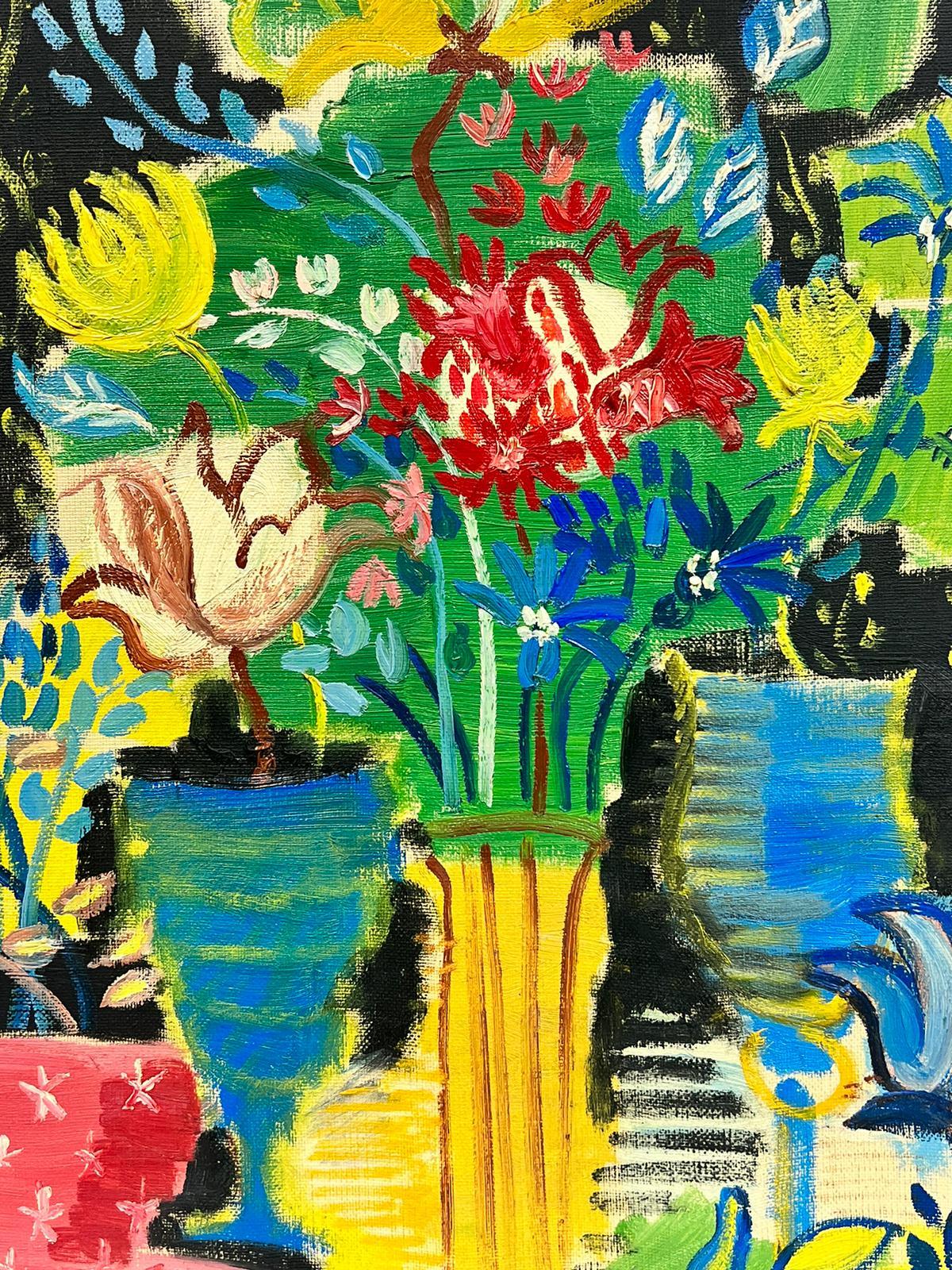 1950’s French Modernist Signed Oil Flowers in Vase Still Life Colorist Work - Painting by French School