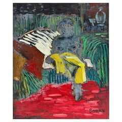 1950
s French Signed Expressionist Oil Nude Woman in Interior with Clothes