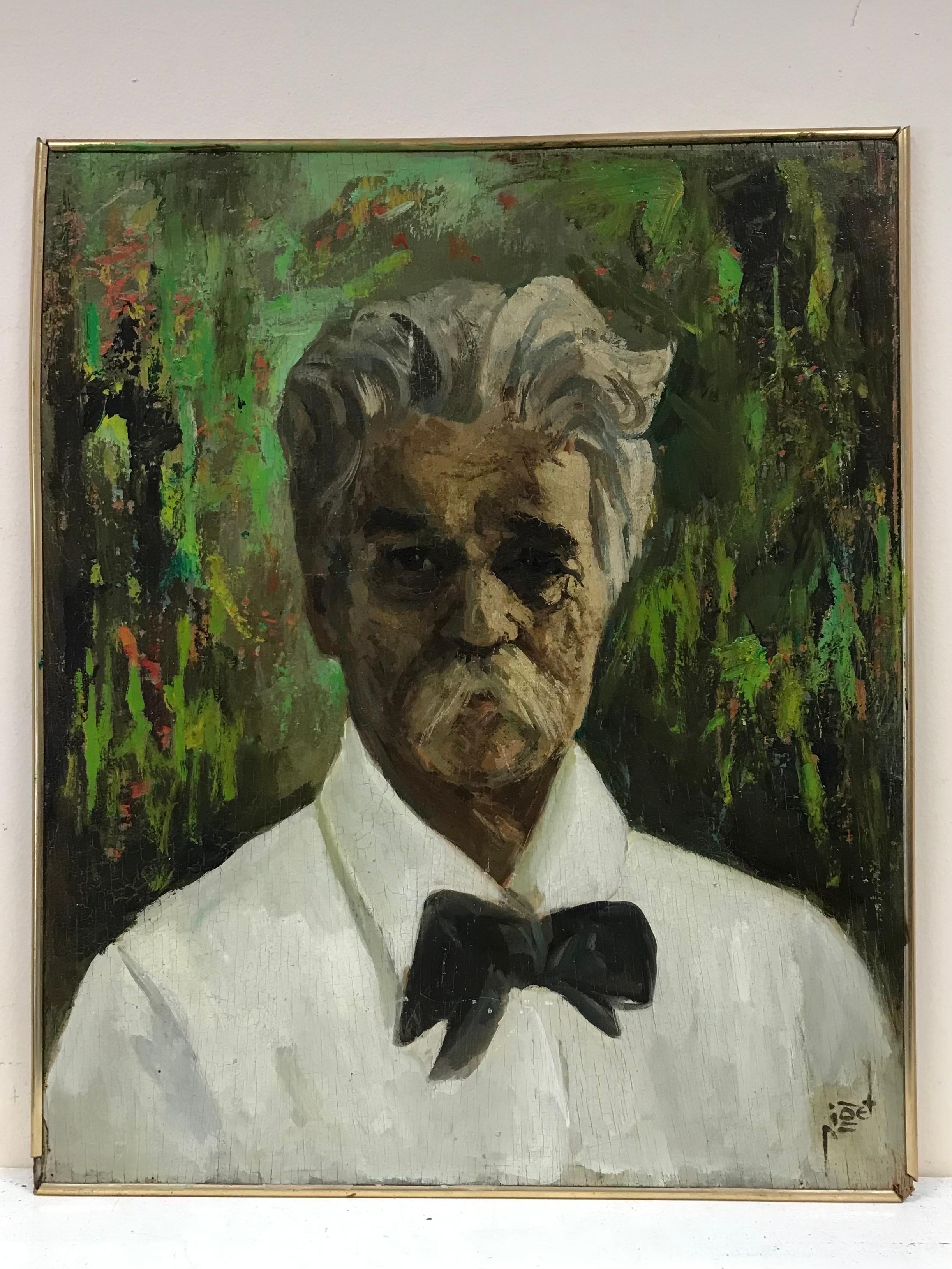 1950's French Signed Oil, Portrait of a Man with Mustache & Bow Tie, green  - Painting by French School