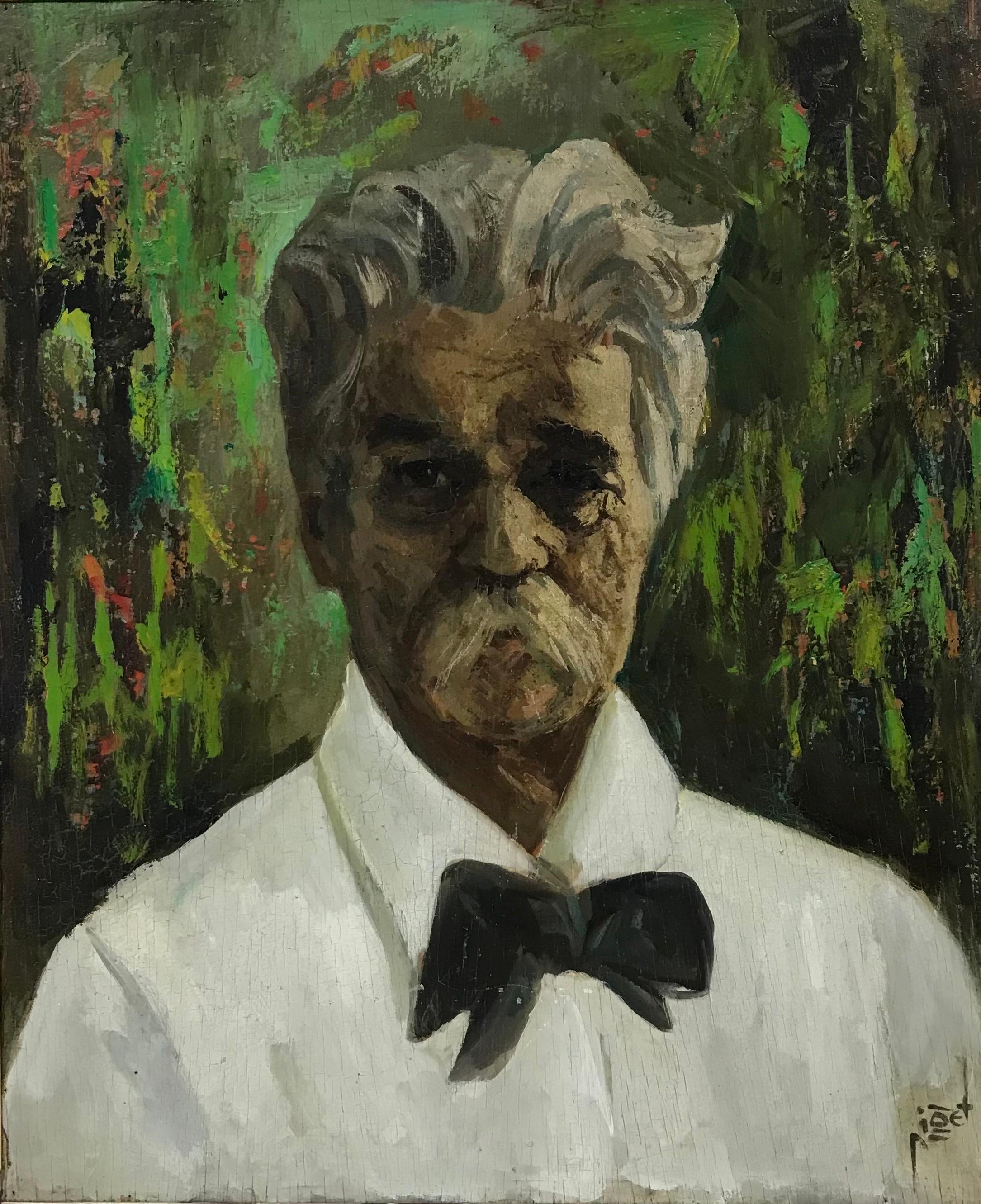 French School Figurative Painting - 1950's French Signed Oil, Portrait of a Man with Mustache & Bow Tie, green 