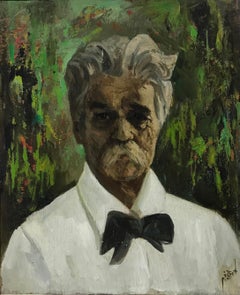 1950's French Signed Oil, Portrait of a Man with Mustache & Bow Tie, green 