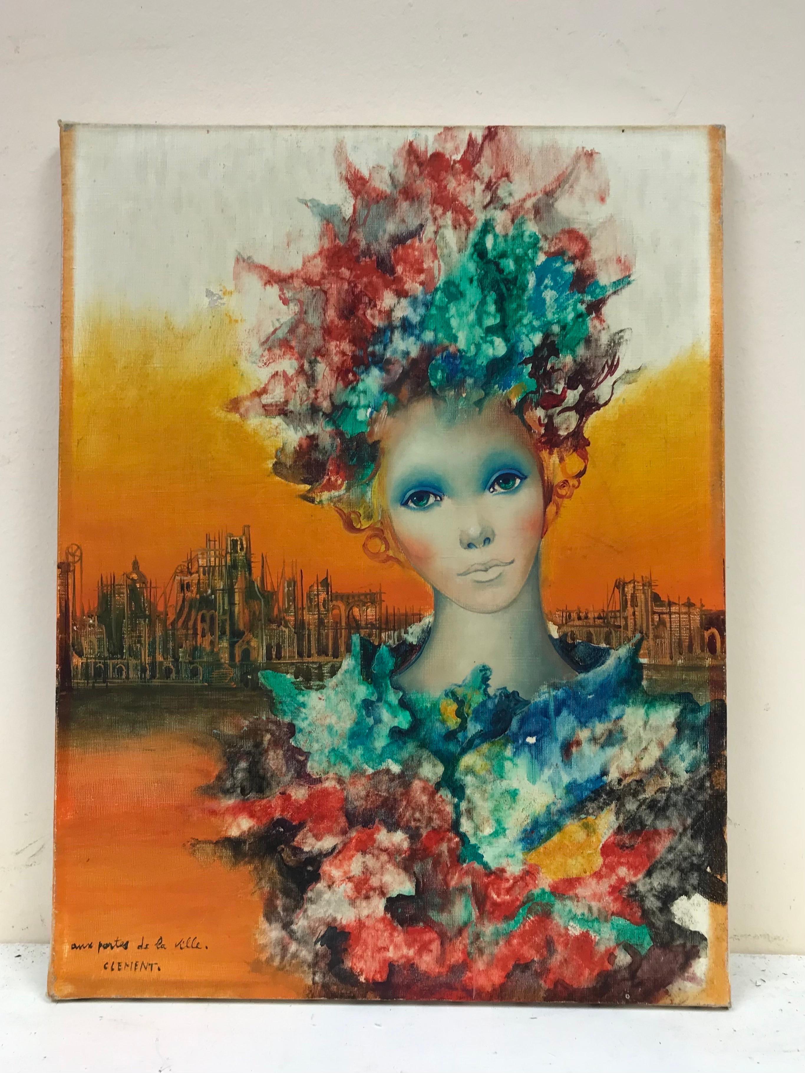 1960's/ 70's French Surrealist Signed Oil Colorful Girl over Orange City - Painting by French School