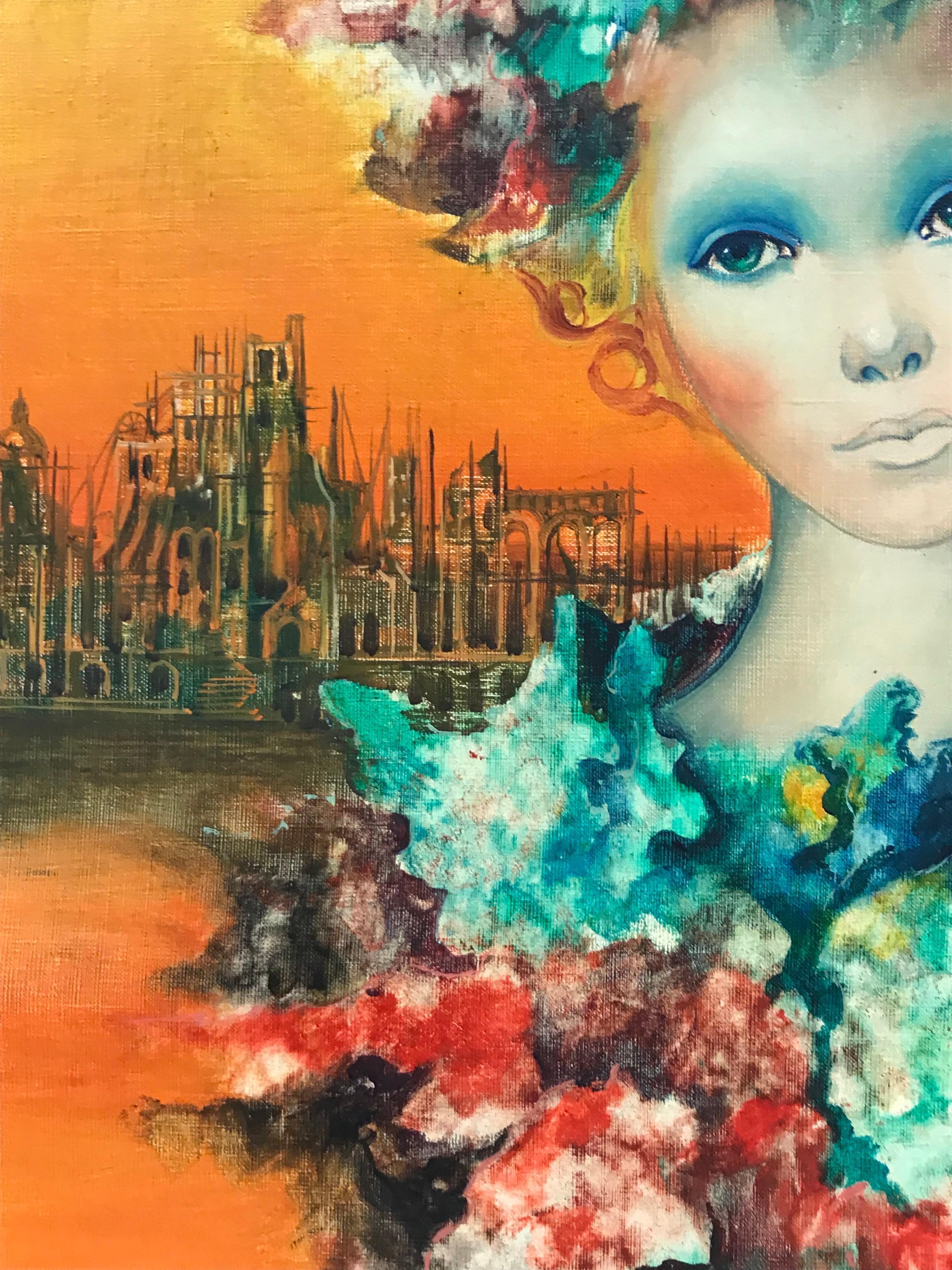 Artist/ School: French School, circa 1960's-1970's, signed lower left. 

Title: Surrealist view of a colorful lady standing before a classical city (Milan?) hazed in orange. 

Medium:  oil on canvas, unframed

canvas: 16 x 12 inches

Provenance: