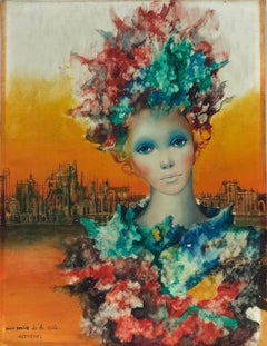 Vintage 1960's/ 70's French Surrealist Signed Oil Colorful Girl over Orange City