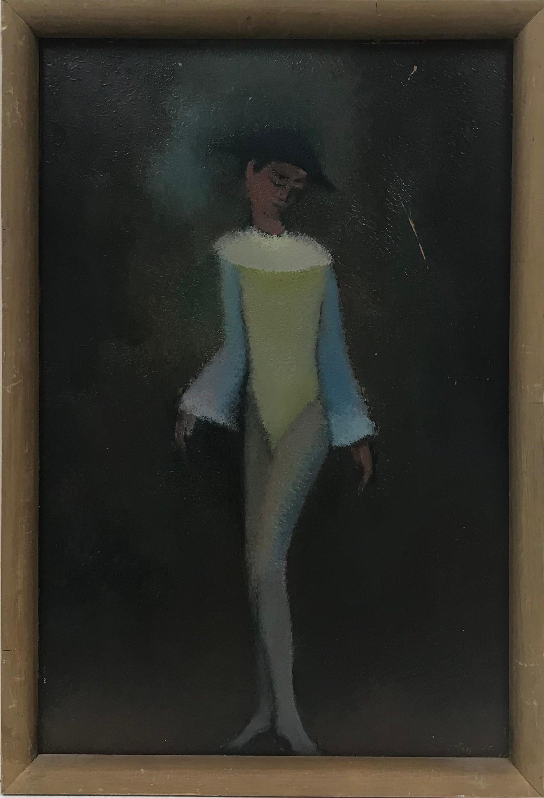 1960's French Modernist Signed Oil Figure in Navy Blue Hat, Unique Work - Painting by French School