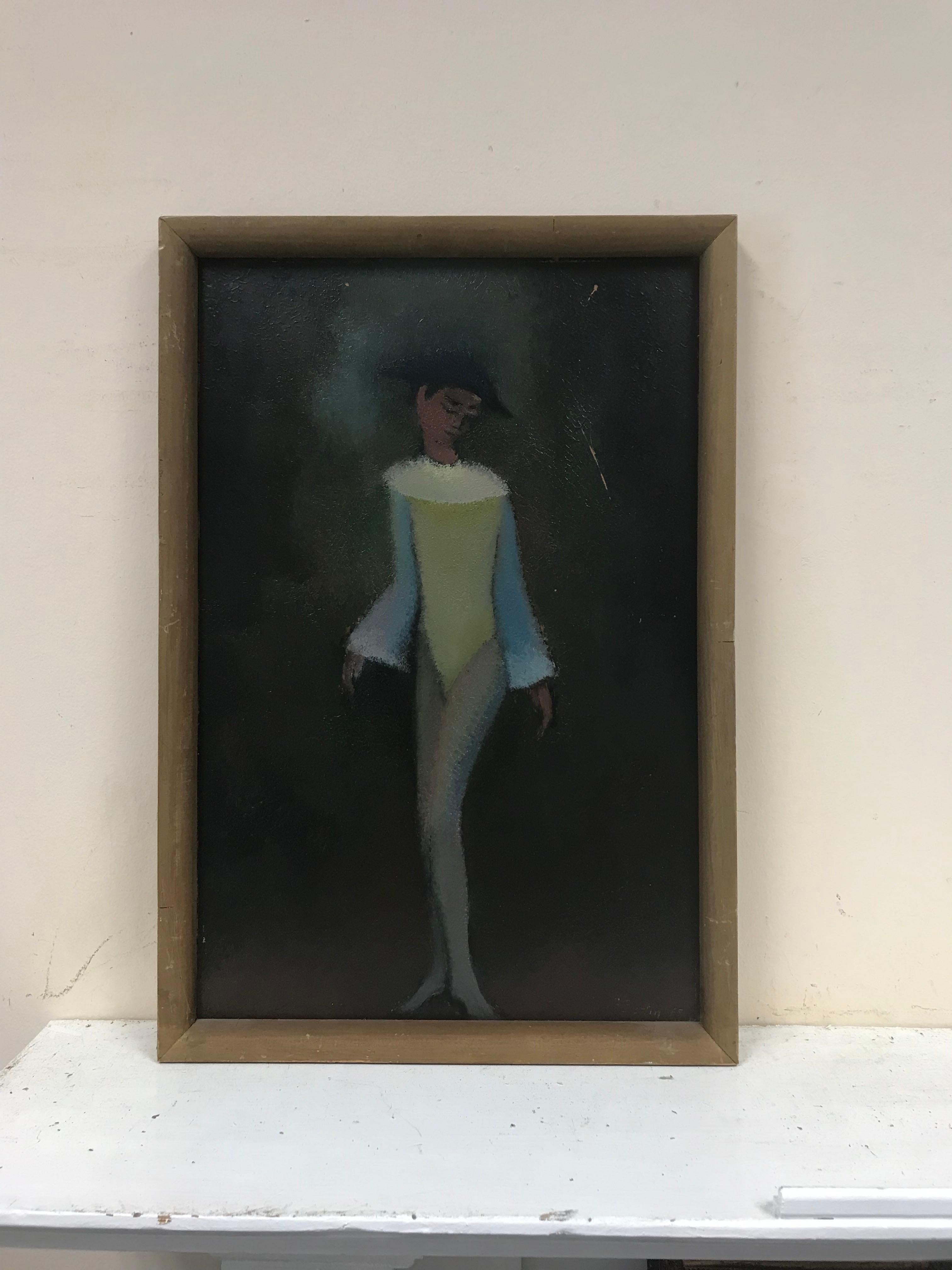 1960's French Modernist Signed Oil Figure in Navy Blue Hat, Unique Work - Black Figurative Painting by French School