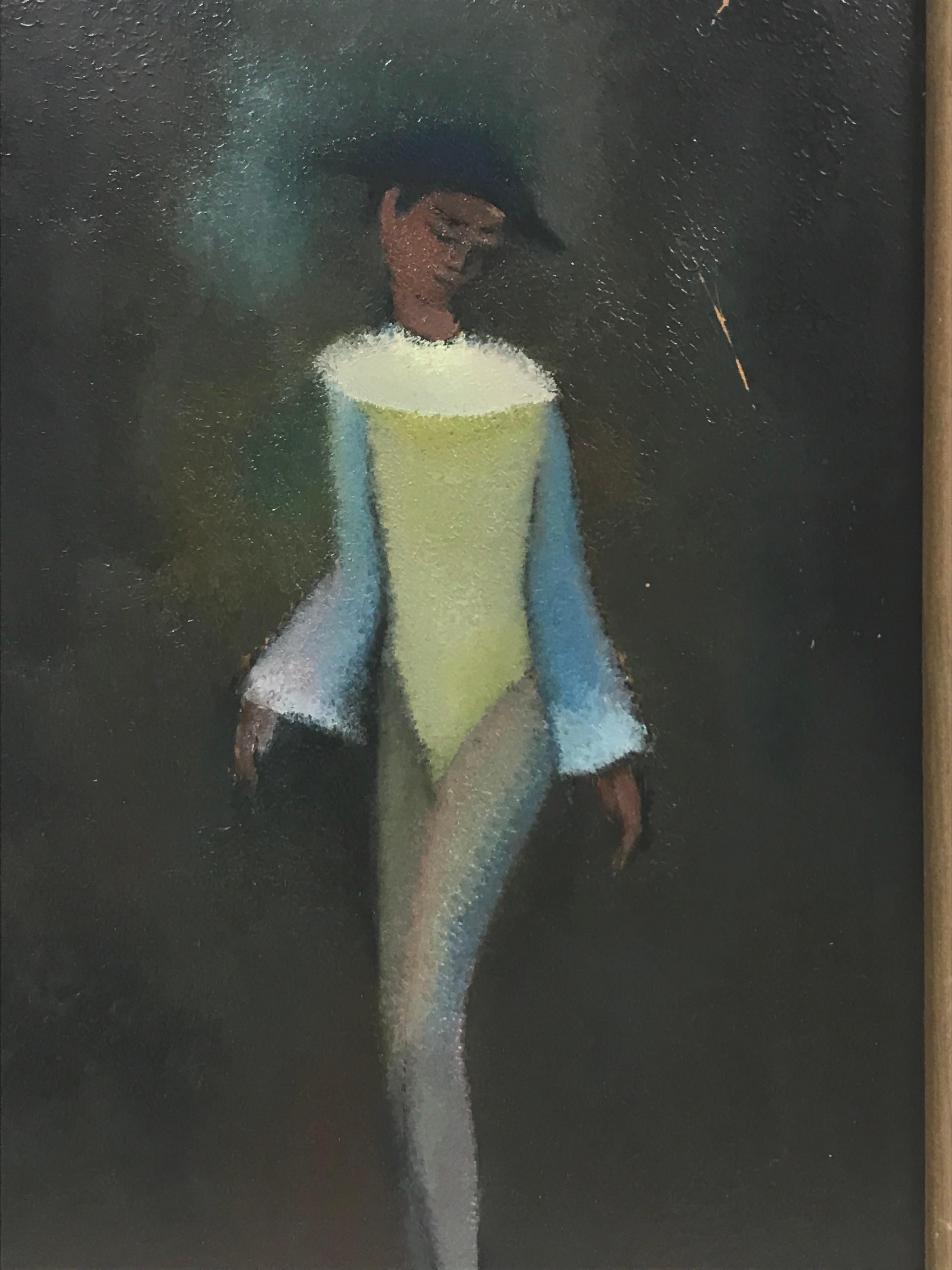 French School Figurative Painting - 1960's French Modernist Signed Oil Figure in Navy Blue Hat, Unique Work